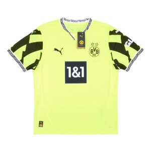 Camisa Borussia Dortmund retrô neon 2025/2026, modelo torcedor amarelo “Electricity Yellow” com mangas pretas e escudo oficial no peito.