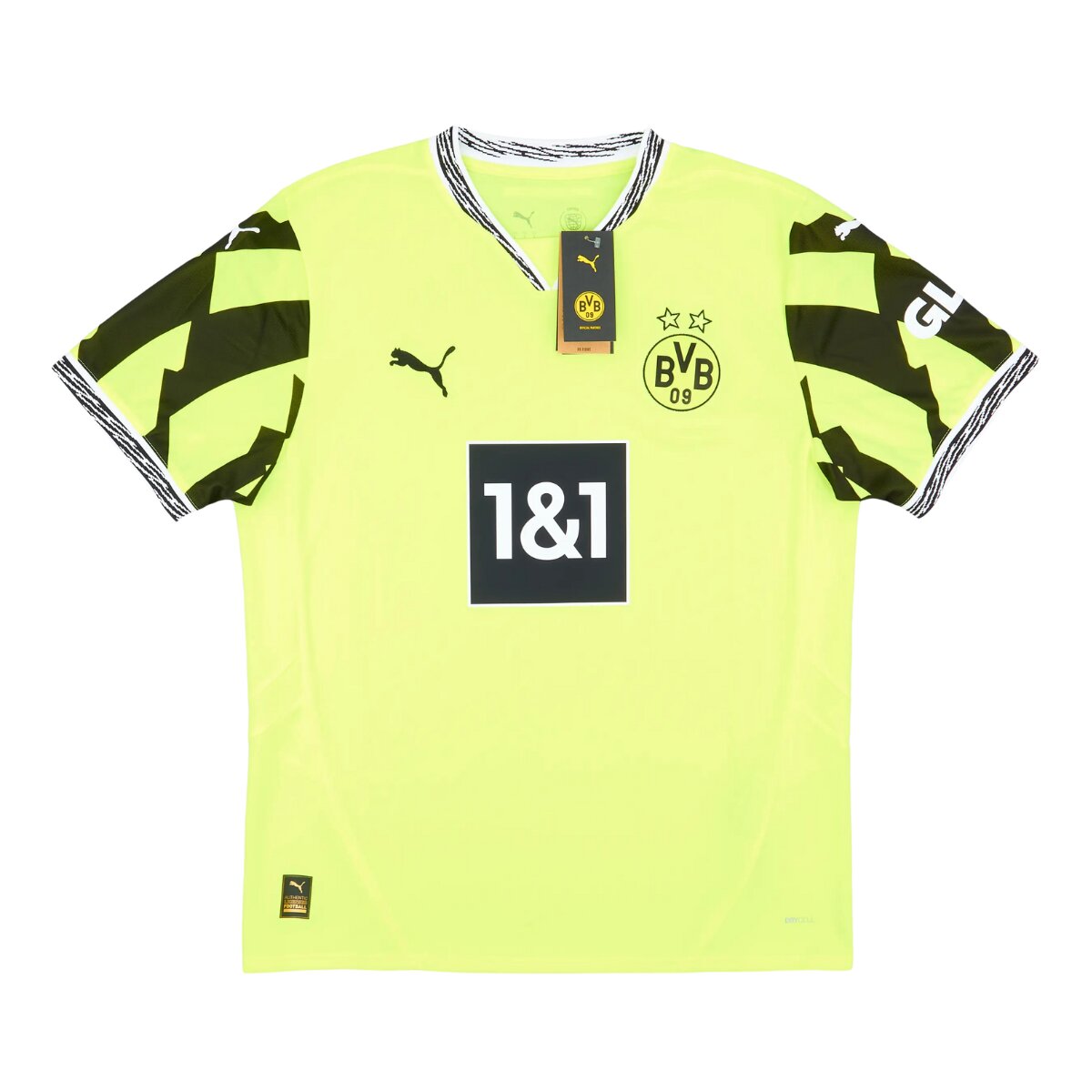 Camisa Borussia Dortmund Anos 90 25/26 Masculina Torcedor 1 Camisa Borussia Dortmund retrô neon 2025/2026, modelo torcedor amarelo “Electricity Yellow” com mangas pretas e escudo oficial no peito.