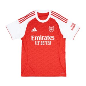 Camisa Arsenal I 25/26 Masculina Torcedor na cor vermelha com mangas brancas e estampa com o "A" gótico, uniforme titular do Arsenal para a temporada 2025-2026.