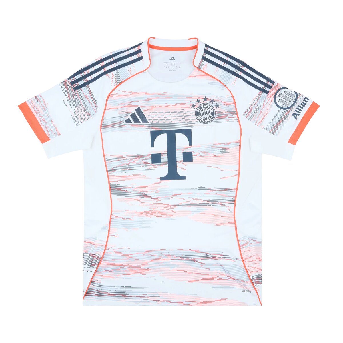Camisa Bayern de Munique II 25/26 Masculina Torcedor 1 Camisa Bayern de Munique II 25/26 masculina torcedor na cor branca com detalhes cinza e vermelho coral, escudo cinza e gola estilo coreano.