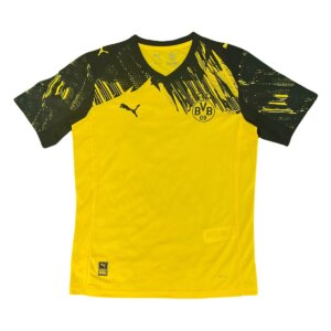 Camisa oficial Borussia Dortmund 2025/26 - uniforme titular amarelo com detalhes gráficos pretos inspirados nos anos 90, gola V preta e escudo do BVB. Edição torcedor masculina.