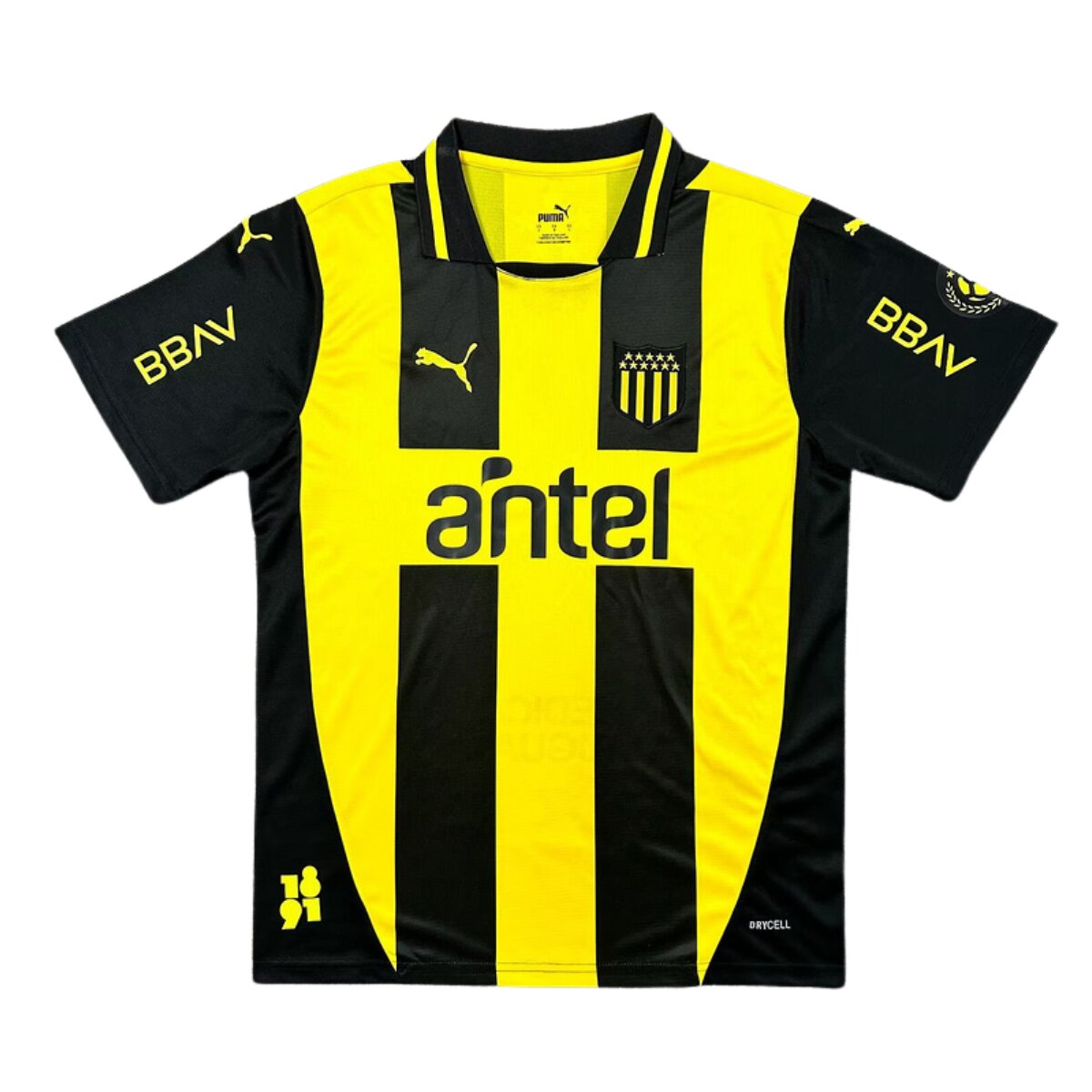 Camisa Peñarol I 25/26 Masculina Torcedor 1 Imagem da nova Camisa titular do Peñarol 2025 com listras verticais aurinegras, gola polo preta com friso amarelo e escudo oficial do clube uruguaio.