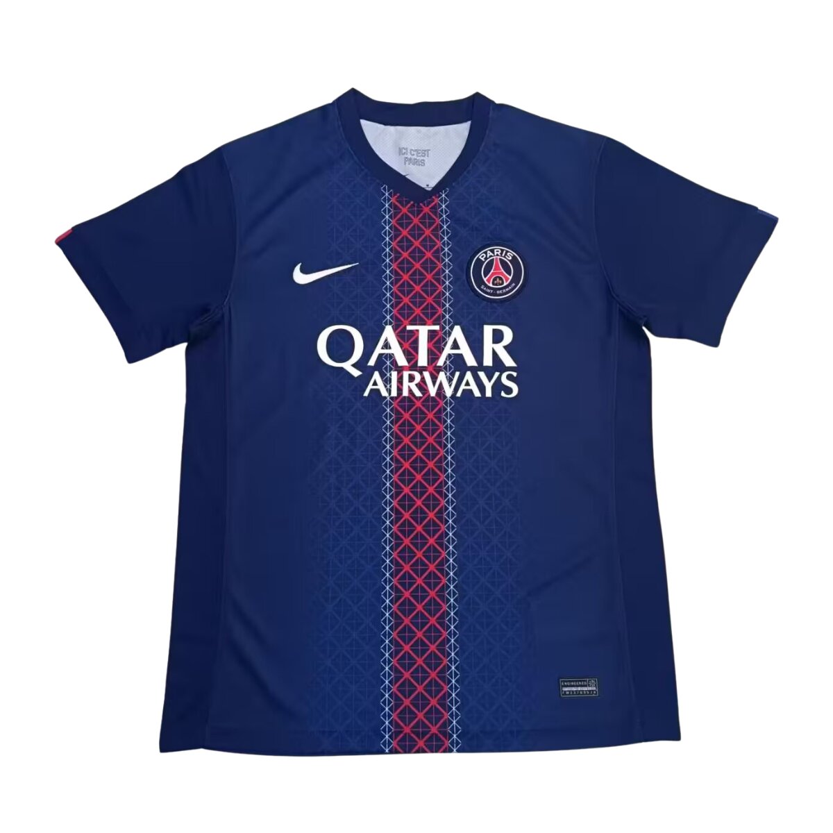 Camisa PSG I 25/26 Masculina Torcedor 1 Camisa PSG I 25/26 Masculina Torcedor azul marinho com faixa central estilizada em vermelho e branco, modelo titular do Paris Saint Germain 2025-2026.