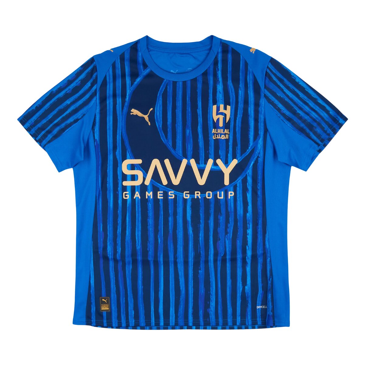 Camisa Al Hilal Mundial de Clubes 2025 Masculina Torcedor 1 Camisa Al Hilal Mundial de Clubes 2025 Masculina Torcedor PUMA x KidSuper em azul royal com listras estilizadas e escudo dourado no peito.