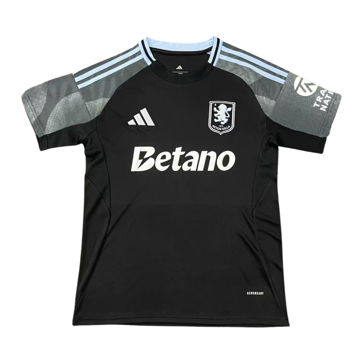 Camisa Aston Villa II 25/26 Masculina Torcedor 1 Camisa Aston Villa II 25/26 Masculina Torcedor preta com mangas cinza e detalhes azul celeste, uniforme reserva do Aston Villa 2025/2026