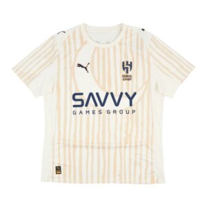 Camisa Goleiro Al Hilal Mundial de Clubes 2025 Masculina Torcedor x KidSuper em bege com listras estilizadas e escudo azul marinho no peito.