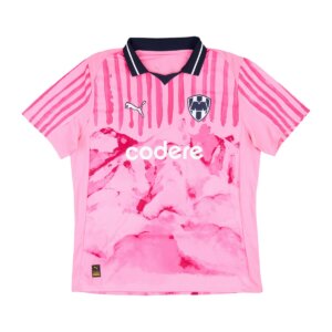 Camisa de Goleiro Monterrey II Mundial de Clubes 2025 Masculina Torcedor com listras rosa, detalhes da bandeira do México e arte inspirada nas montanhas de Monterrey.