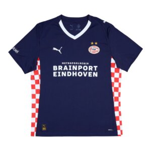 Camisa PSV II 25/26 Masculina Torcedor azul marinho com gola branca e detalhes quadriculados vermelhos e brancos nas laterais, inspirada em Brabante do Norte.
