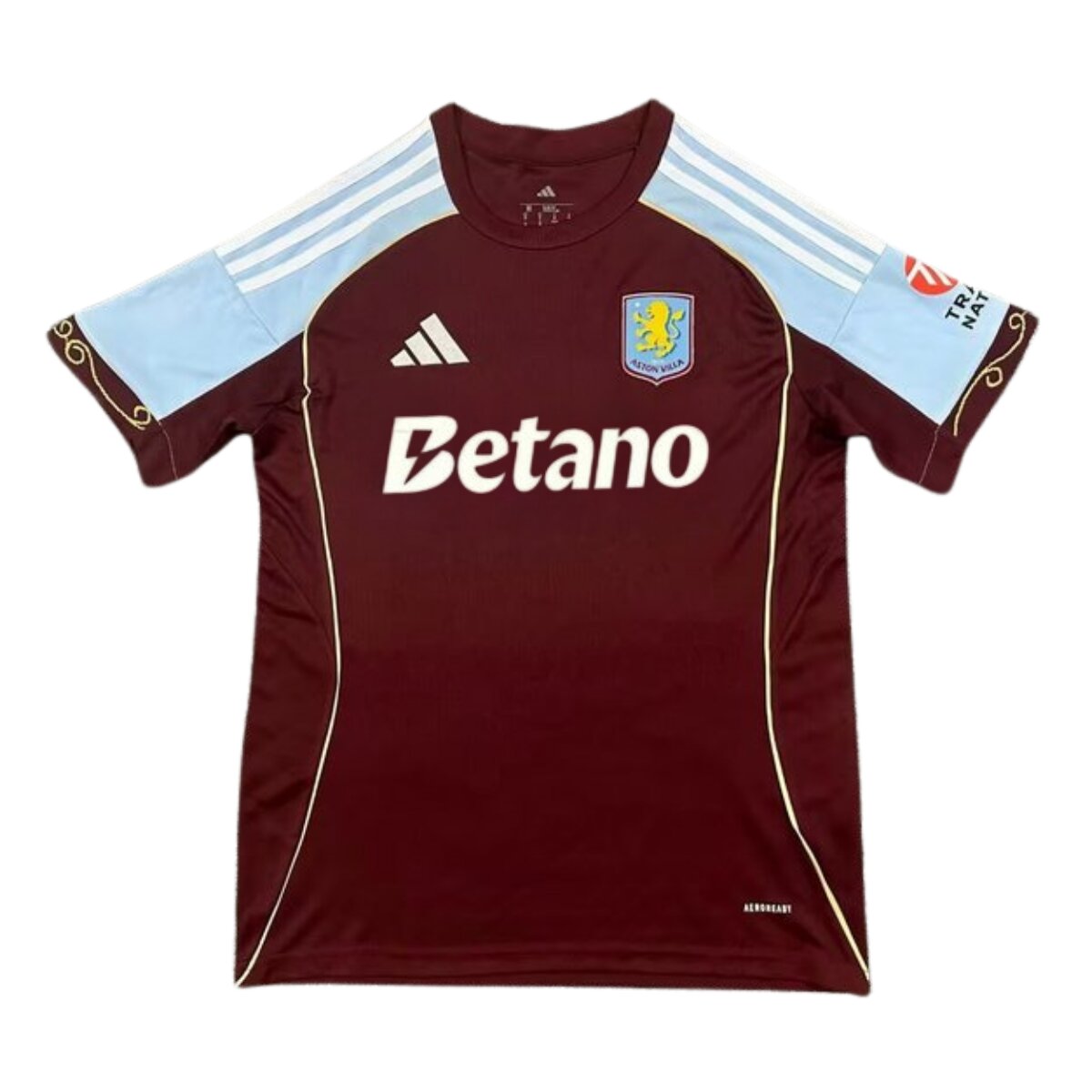 Camisa Aston Villa I 25/26 Masculina Torcedor 1 Camisa Aston Villa I 25/26 masculina torcedor bordô com padrão espiral, detalhes em azul e dourado, inspirada no Holte End.