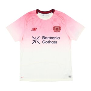 Camisa reserva Bayer Leverkusen 25/26 masculina, degradê carmim para creme com gráfico floral e escudo em destaque no peito.