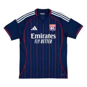 Camisa reserva Lyon 25/26 azul marinho com listras verticais azul royal e vermelho, gola Y e detalhes prateados nas mangas.