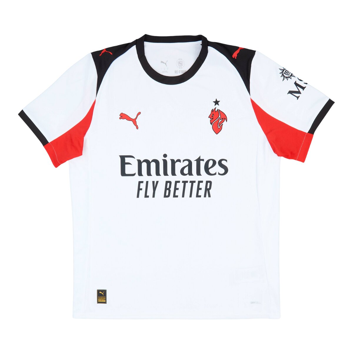Camisa Milan II 25/26 Masculina Torcedor 1 Camisa Milan II 25/26 Masculina Torcedor branca com detalhes em preto e vermelho e escudo do diabo Il Diavolo, inspirada no modelo de 1981-82
