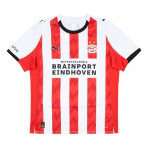 Camisa titular do PSV 25/26 masculina com listras vermelhas, detalhes pretos e gráfico de raios que simboliza a vibração da torcida.