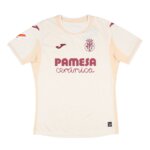 Camisa reserva Villarreal 25/26 torcedor masculina na cor bege com linhas diagonais e detalhe do brasão da cidade na nuca.