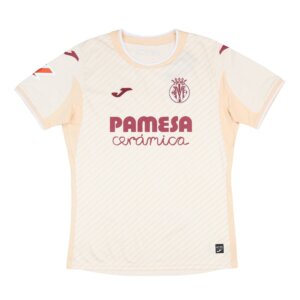 Camisa reserva Villarreal 25/26 torcedor masculina na cor bege com linhas diagonais e detalhe do brasão da cidade na nuca.