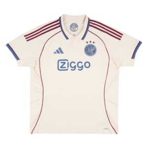 Camisa Ajax III 25/26 masculina torcedor na cor bege com detalhes em azul e vermelho escuro, homenagem aos 750 anos de Amsterdã.