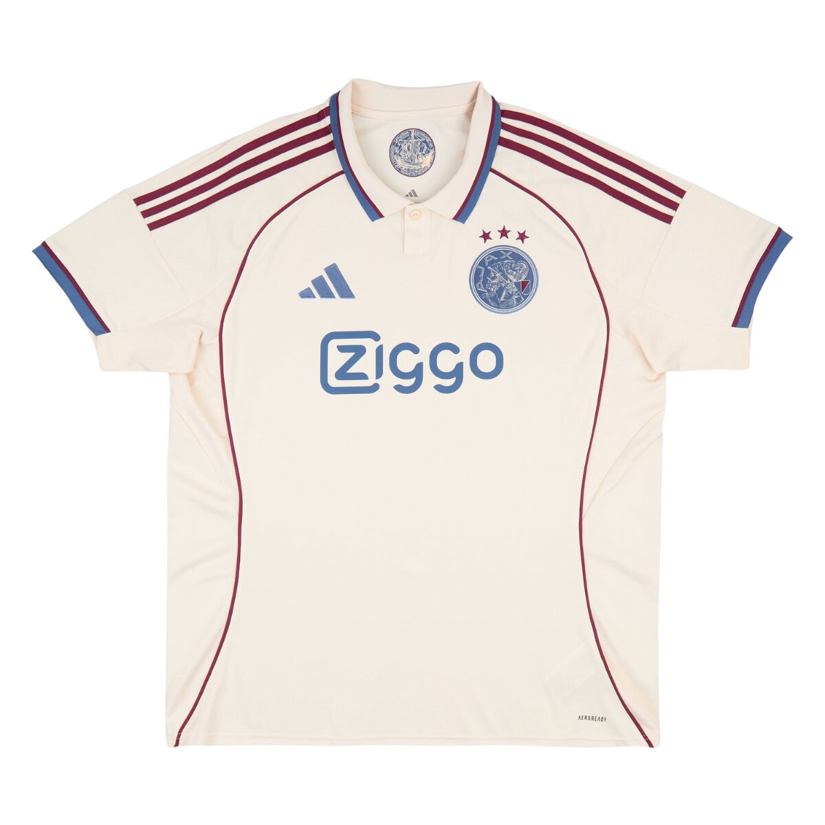 Camisa Ajax III 25/26 Masculina Torcedor 1 Camisa Ajax III 25/26 masculina torcedor na cor bege com detalhes em azul e vermelho escuro, homenagem aos 750 anos de Amsterdã.
