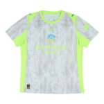 Camisa Manchester City III 25/26 masculina torcedor em cinza com padrão de gotas de chuva e detalhes em verde neon.