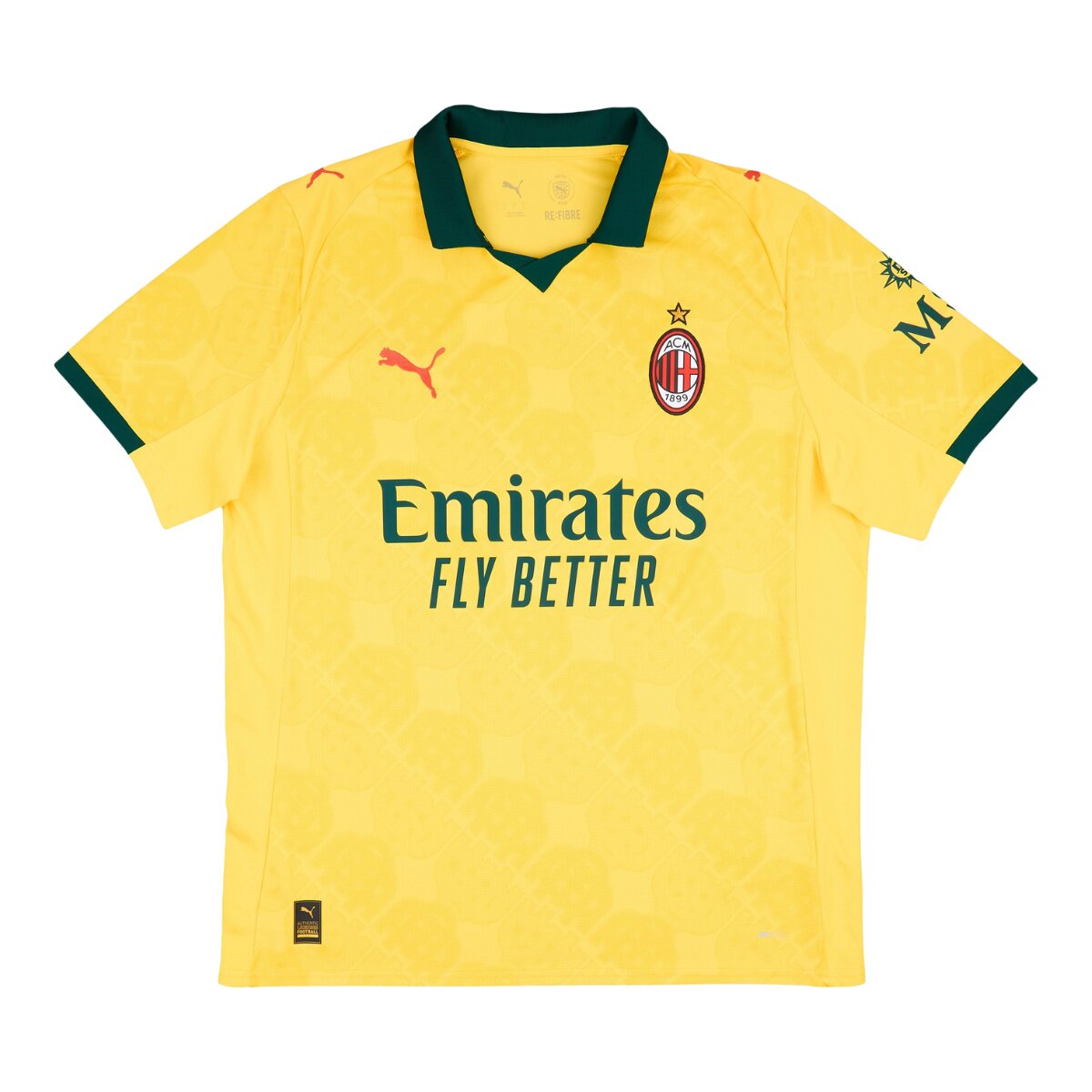 Camisa Milan III 25/26 Masculina Torcedor 1 Camisa Milan III 25/26 masculina torcedor com estampa amarela vibrante e gola verde, destaque para padrão com monograma ACM repetido.