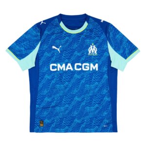 Camisa Olympique Marseille III 25/26 Masculina Torcedor em azul com detalhes em amarelo e grafismos inspirados no mar Mediterrâneo.