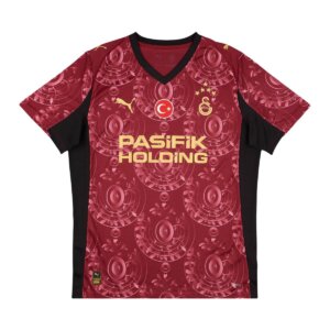 Terceira camisa Galatasaray 25/26 bordô com gola V preta e detalhes dourados