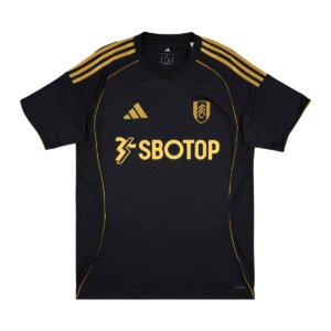 Terceira camisa Fulham 25/26 preta com detalhes dourados.