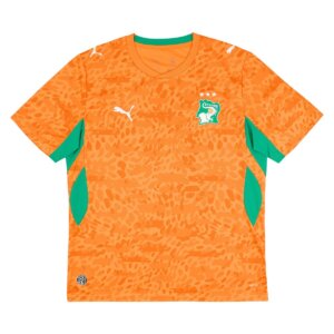 Camisa Costa do Marfim 2026 titular laranja e detalhes verdes e escudo da seleção africana