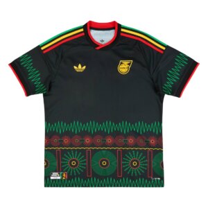 Camisa reserva da Jamaica 2026 preta com padrão gráfico de ondas sonoras LPs masculina torcedor.