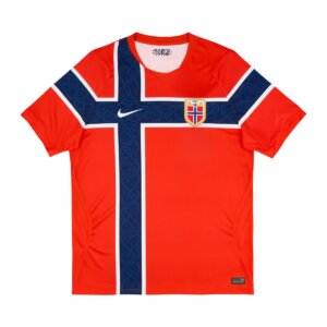 Camisa titular da Noruega 26/27 masculina vermelha com cruz azul-marinho
