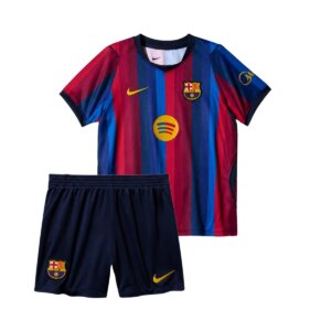 Kit Infantil Barcelona I 26/27 com camisa e calção azul e grená